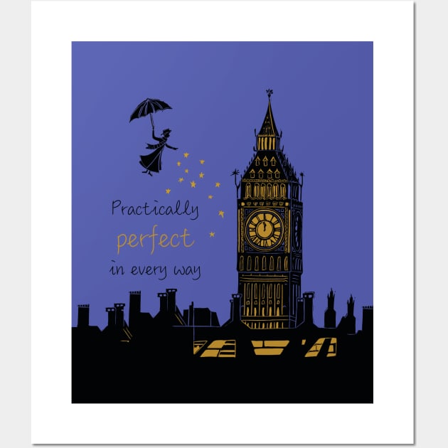 Mary Poppins Practically Perfect in Every Way Linocut Silhouette on Purple Wall Art by Maddybennettart